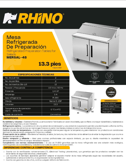 Mesa refrigerada de preparación 13.3 pies Rhino MERSAL-48
