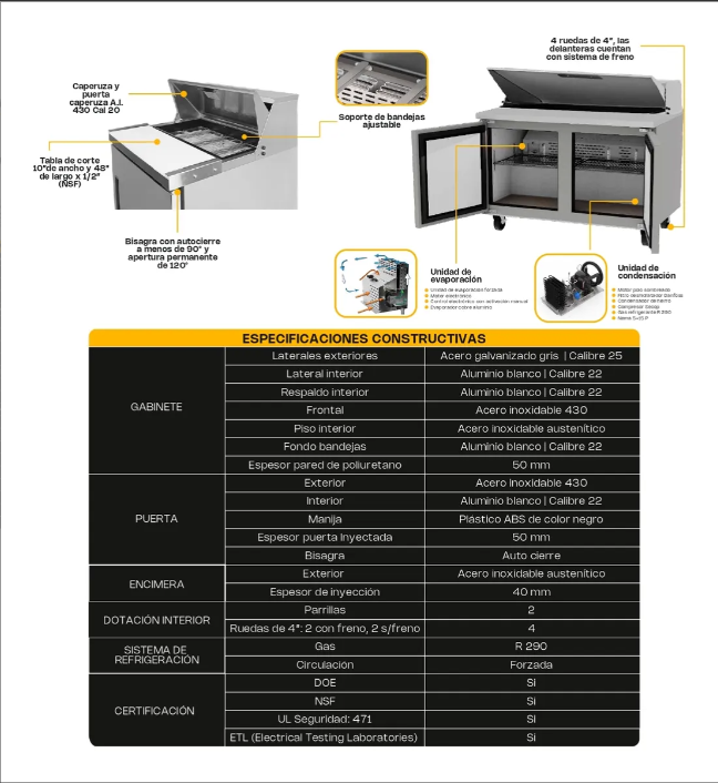 Mesa refrigerada de preparación 13.3 pies Rhino MERSAL-48